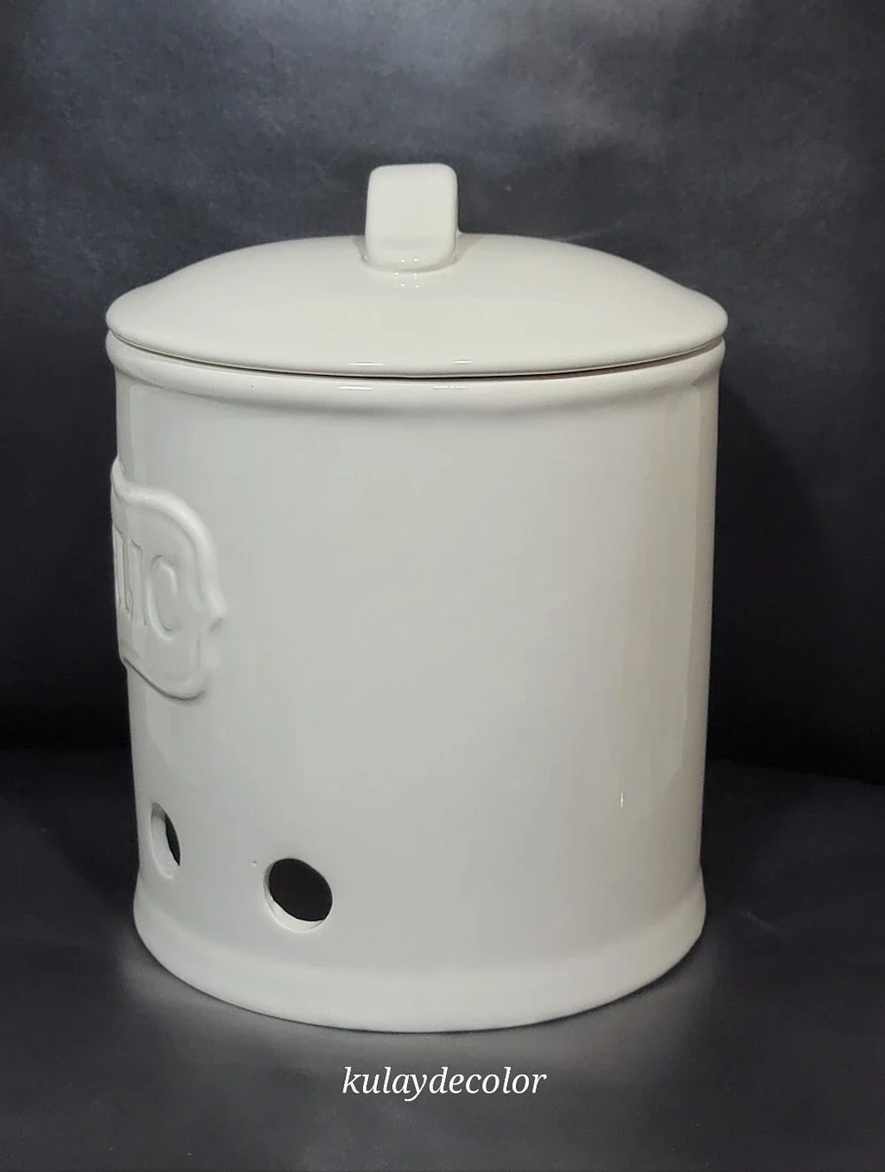 Vintage White Ceramic Garlic Keeper Canister Jar with Lid Embossed GARLIC 7